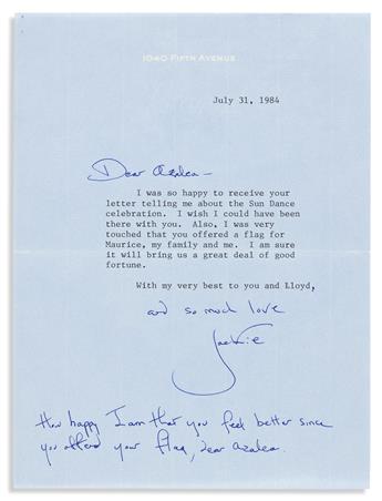 KENNEDY, JACQUELINE. Group of 5 letters, each Signed Jackie, to co-founder of the Institute of American Indian Arts Lloyd Kiva New or